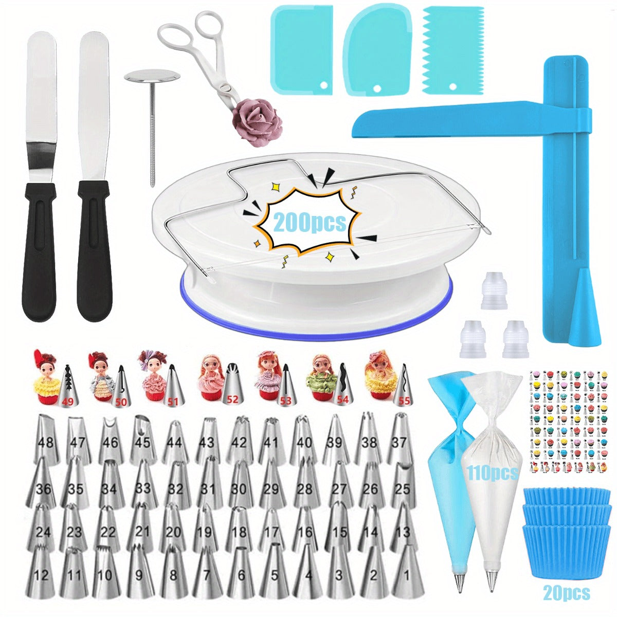 200pcs Set Including a Cake Turntable, Piping Tips, Piping Bags, Cake Decorations, Nozzles, Cupcakes, Baking Tray Decorations, Baking Tools, And Kitchen Gadgets for Cream And Cookies.