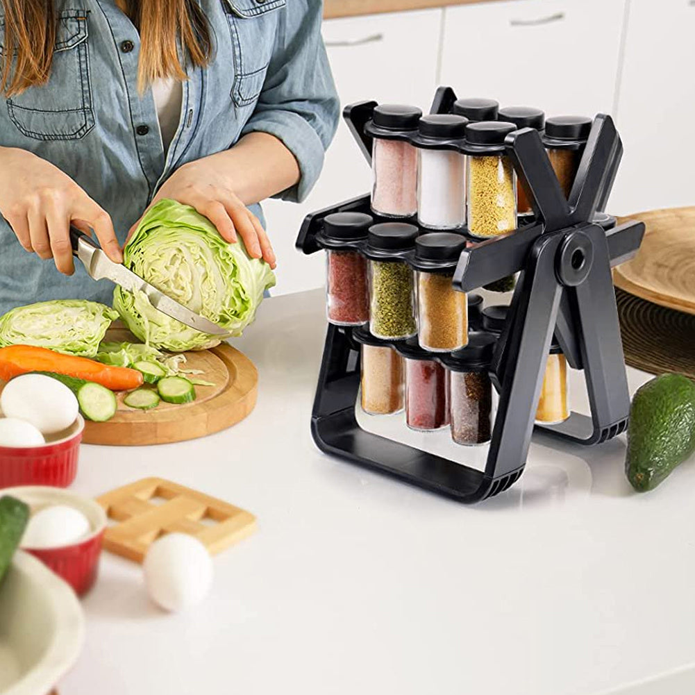 1 piece, black, kitchen rotatable glass seasoning rack, countertop seasoning jar spice jar, occupying a small area and saving space, storage rack can rotate 360 degrees, unique kitchen display, equipped with lid stickers.