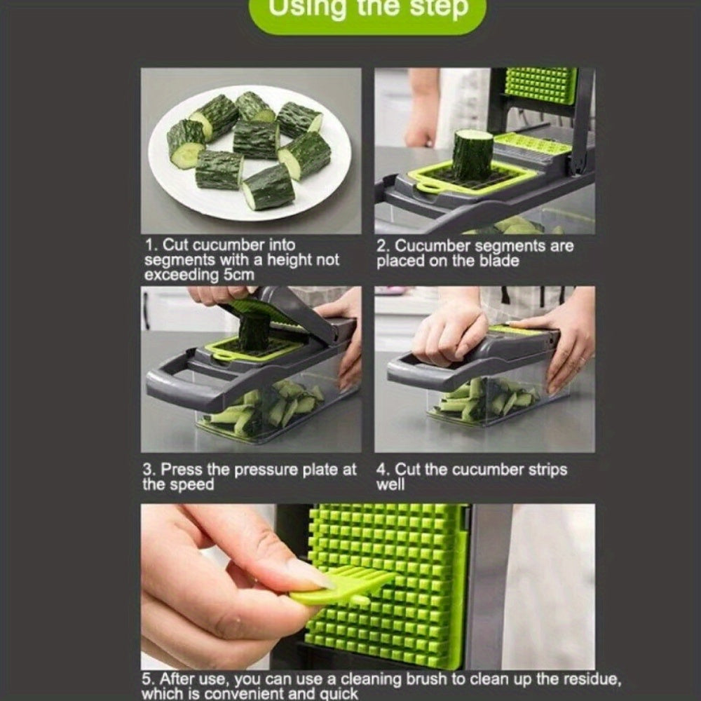 15-In-1 Kitchen Tool for Preparing Salads, Fruits, And Vegetables, Including a Peeler, Cutter, Slicer, Dicer, And Chopper.