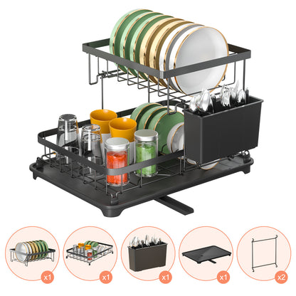 2-Tier Compact Dish Drying Rack for Kitchen Counter, Dish Rack with Cutlery Holder, Dish Drainer for Cups, Knives, Spoons, Forks, Black