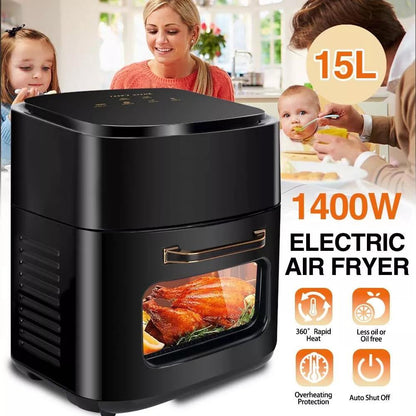 15L Black Multifunctional Digital Air Fryer Oven with Rapid Air Circulation & Smart Touch & Visible Window, Adjustable Timer & Temperature Control for Healthy Oil Free & Low Fat Cooking, Nonstick Basket, Chicken, Crisps