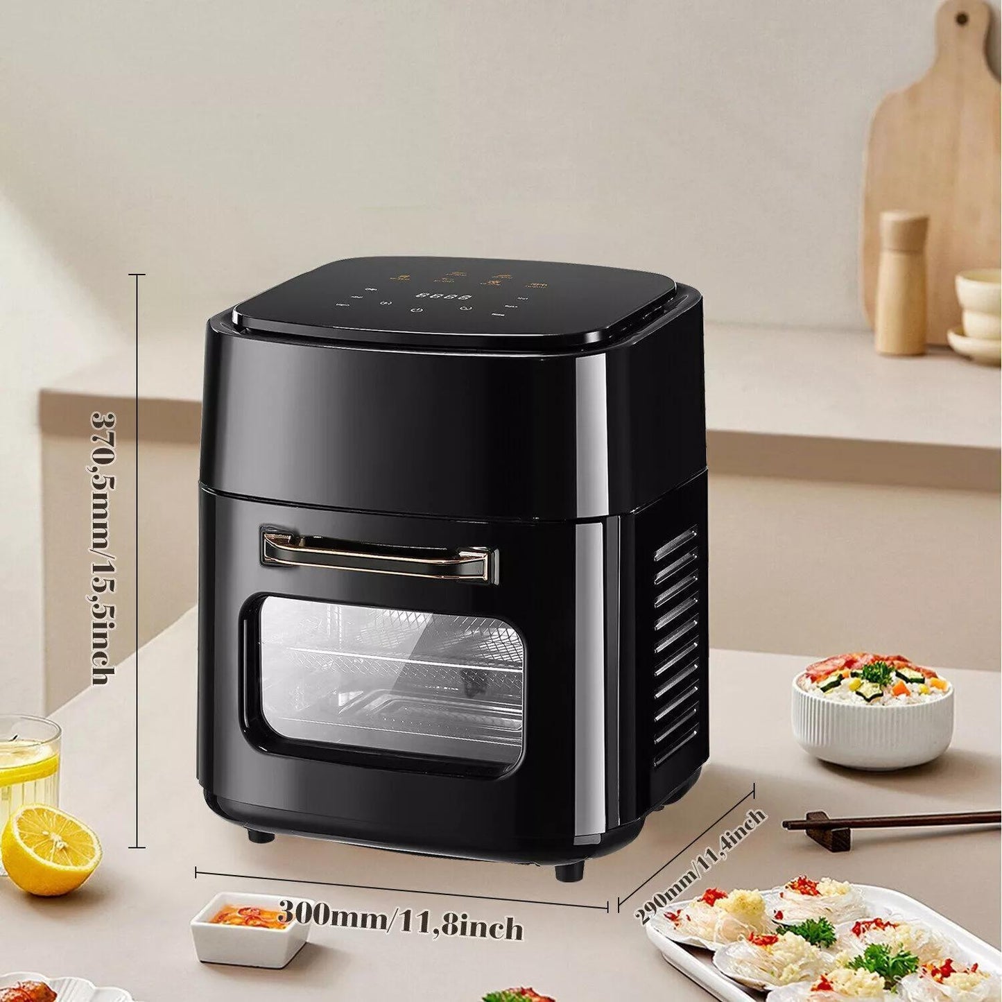 15L Black Multifunctional Digital Air Fryer Oven with Rapid Air Circulation & Smart Touch & Visible Window, Adjustable Timer & Temperature Control for Healthy Oil Free & Low Fat Cooking, Nonstick Basket, Chicken, Crisps