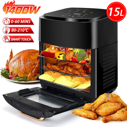 15L Black Multifunctional Digital Air Fryer Oven with Rapid Air Circulation & Smart Touch & Visible Window, Adjustable Timer & Temperature Control for Healthy Oil Free & Low Fat Cooking, Nonstick Basket, Chicken, Crisps