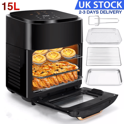 15L Black Multifunctional Digital Air Fryer Oven with Rapid Air Circulation & Smart Touch & Visible Window, Adjustable Timer & Temperature Control for Healthy Oil Free & Low Fat Cooking, Nonstick Basket, Chicken, Crisps