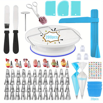 200pcs Set Including a Cake Turntable, Piping Tips, Piping Bags, Cake Decorations, Nozzles, Cupcakes, Baking Tray Decorations, Baking Tools, And Kitchen Gadgets for Cream And Cookies.