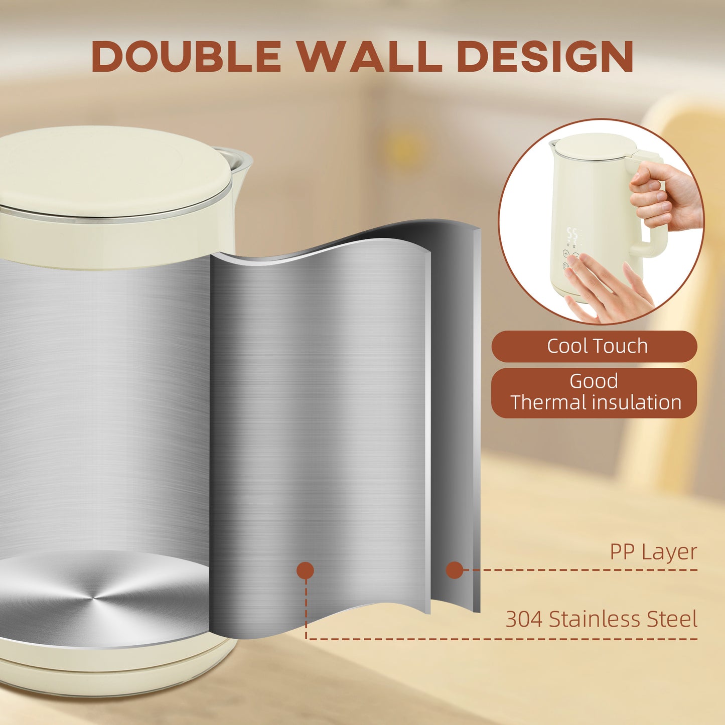 Digital Kettle and Toaster Set, 1.5L 3000W Fast Boil Kettle, 2 Slice Toaster Kitchen Set with 7 Level Browning Controls, Defrost, Reheat, Keep Warm, Crumb Tray and LED Touch Display, Beige