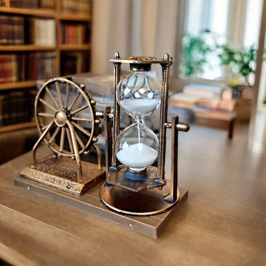vintage Bronze Ferris Wheel and Hourglass Timer - Dual-Purpose Sand Timer & Decorative Statue, Plastic/Metal Indoor/Outdoor Desk Clock for Home, Office, for living Room, Modern.