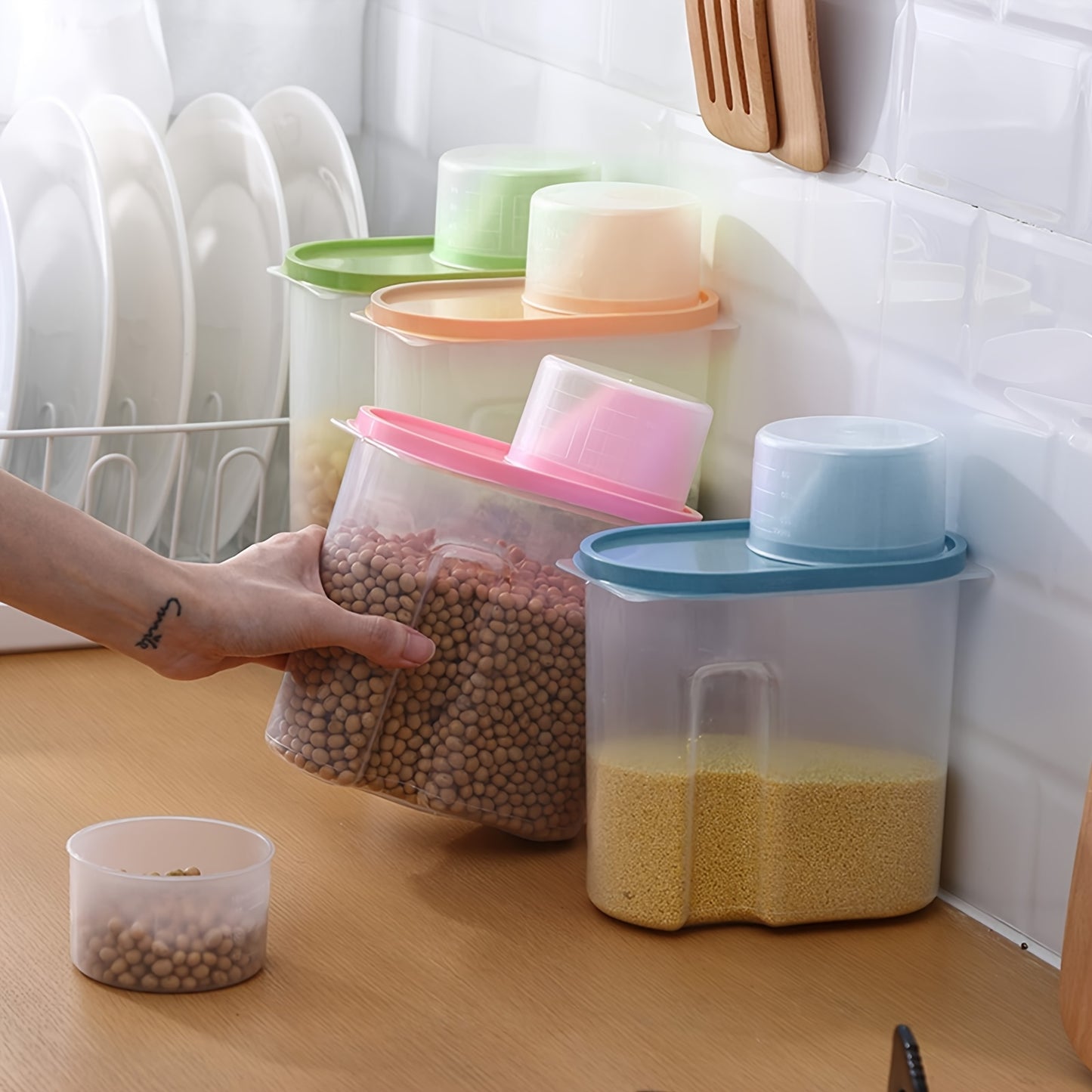 4pcs Large Airtight Cereal Storage Containers with Spout & Measuring Cup - Push-Button Easy-Pour Flip-Top Lid, Plastic Jars Suitable for Kitchen Pantry, Rice, Pet Food, Dry Goods - Multi-Color