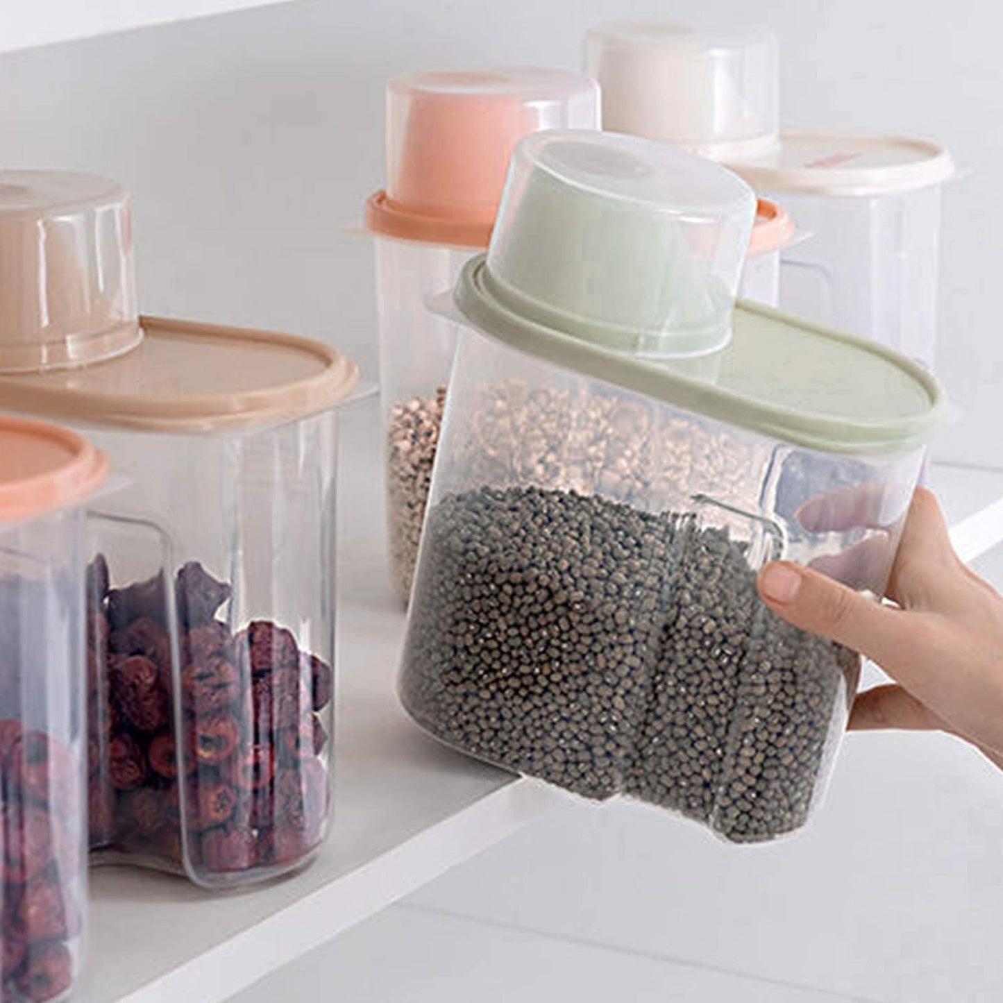 4pcs Large Airtight Cereal Storage Containers with Spout & Measuring Cup - Push-Button Easy-Pour Flip-Top Lid, Plastic Jars Suitable for Kitchen Pantry, Rice, Pet Food, Dry Goods - Multi-Color