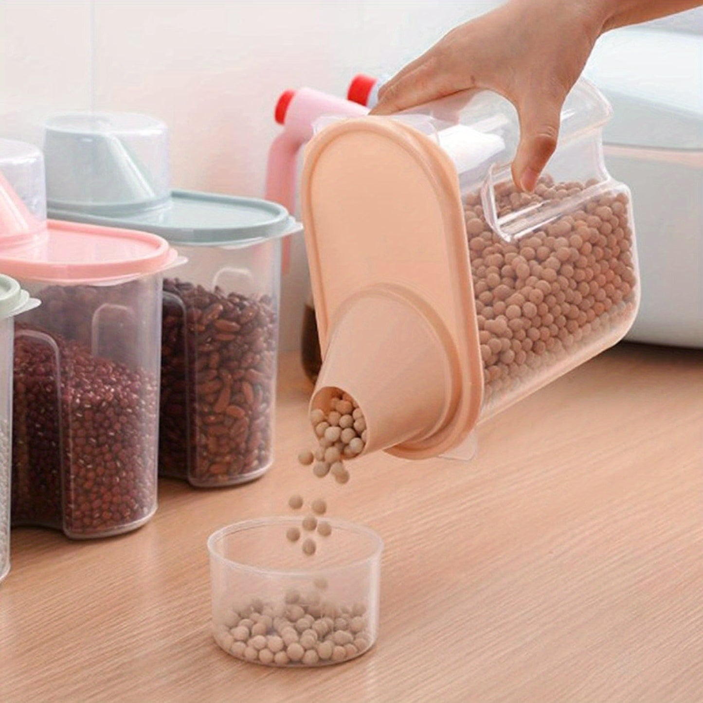 4pcs Large Airtight Cereal Storage Containers with Spout & Measuring Cup - Push-Button Easy-Pour Flip-Top Lid, Plastic Jars Suitable for Kitchen Pantry, Rice, Pet Food, Dry Goods - Multi-Color