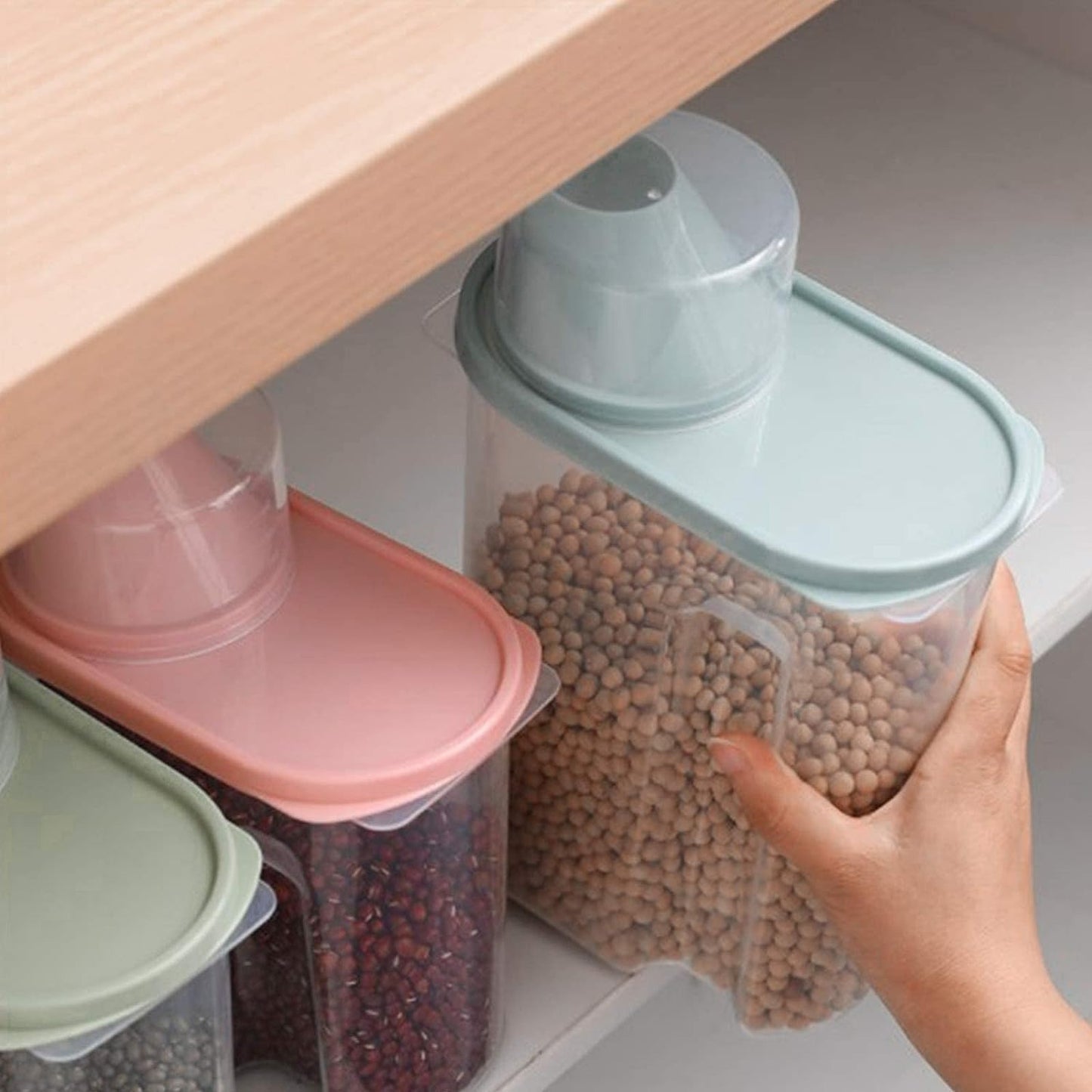 4pcs Large Airtight Cereal Storage Containers with Spout & Measuring Cup - Push-Button Easy-Pour Flip-Top Lid, Plastic Jars Suitable for Kitchen Pantry, Rice, Pet Food, Dry Goods - Multi-Color