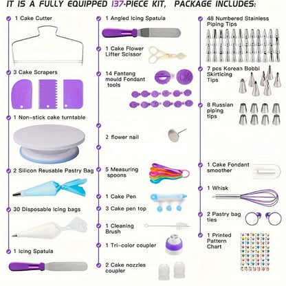 137pcs Cake Decorating Kit with Turntable - Stainless Steel Piping Tips, Cupcake & Baking Tools for Creative Desserts