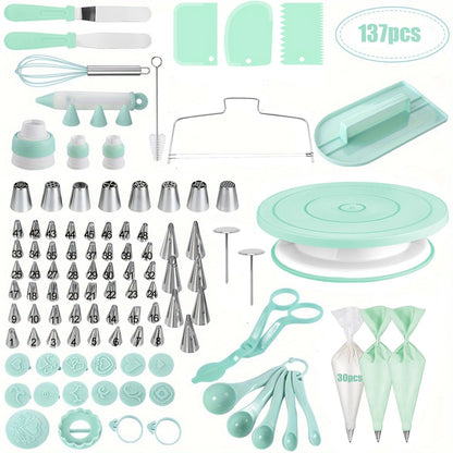 137pcs Cake Decorating Kit with Turntable - Stainless Steel Piping Tips, Cupcake & Baking Tools for Creative Desserts