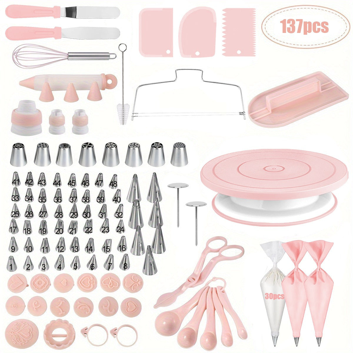 137pcs Cake Decorating Kit with Turntable - Stainless Steel Piping Tips, Cupcake & Baking Tools for Creative Desserts