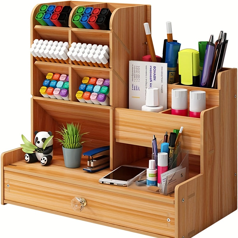 Single Piece Desktop Storage Shelf, Organizer for Desk And Drawers, Made of Bamboo Wood, Featuring a Drawer - Versatile Pen Holder, to Assemble, Perfect for Home Office And Art Supply Organization, Desk & Drawer Organizer for