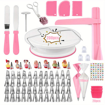 200pcs Set Including a Cake Turntable, Piping Tips, Piping Bags, Cake Decorations, Nozzles, Cupcakes, Baking Tray Decorations, Baking Tools, And Kitchen Gadgets for Cream And Cookies.