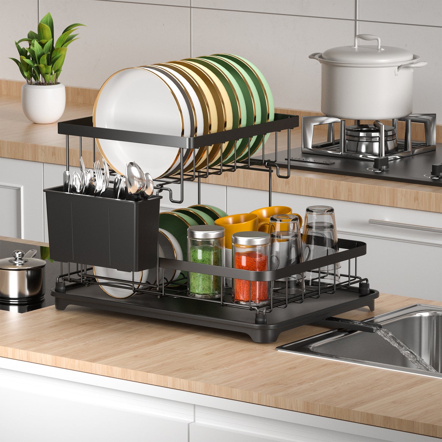 2-Tier Compact Dish Drying Rack for Kitchen Counter, Dish Rack with Cutlery Holder, Dish Drainer for Cups, Knives, Spoons, Forks, Black