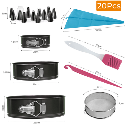 20pcs Round Cake Tins for Baking Set Includes 3 x Round Cake Mould Tin - 4" 7" 9", 1 x Flour Sieve, 12 x Piping Nozzles, 1 x Oil Brush, 1 x Knife, 1 x Piping Bag - Loose Bottom Cake Tins