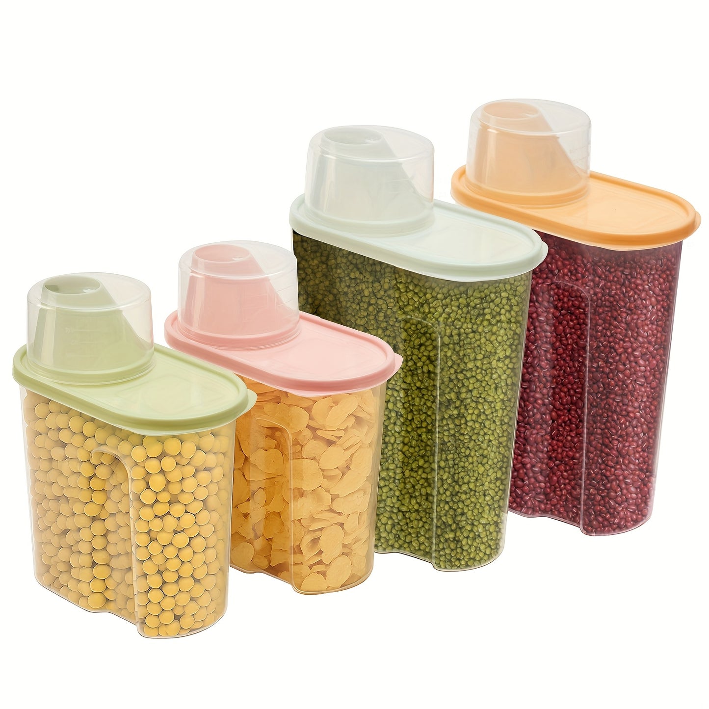 4pcs Large Airtight Cereal Storage Containers with Spout & Measuring Cup - Push-Button Easy-Pour Flip-Top Lid, Plastic Jars Suitable for Kitchen Pantry, Rice, Pet Food, Dry Goods - Multi-Color