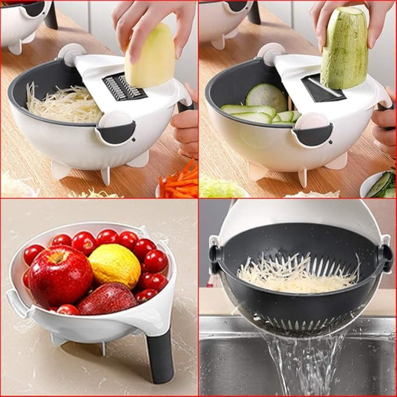 Multifunction 9-in-1 Slicer Dicer Food Chopper with Draining Basket for Salad, Carrot, Potato | Easy Storage Kitchen Gadgets (Large Capacity)