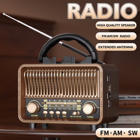 AM/FM/SW - Vintage Portable Wireless Radio - with USB Rechargeable Battery - Antenna, AUX & TF Card Playback - Wireless Connectivity - Ideal for Home & Outdoor Use - Perfect Gift