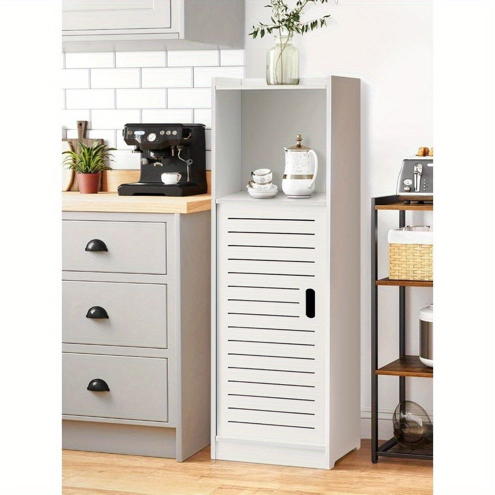 Bathroom Storage Cabinet | White Wood-Plastic Freestanding Organizer | 3-Tier with Slatted Doors & Open Shelf | Space-Saving Design for Bathroom, Kitchen, Bedroom | Modern Minimalist Style, Woodplastic Material, B