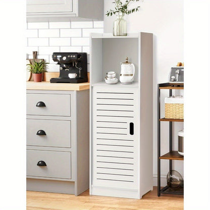 Bathroom Storage Cabinet | White Wood-Plastic Freestanding Organizer | 3-Tier with Slatted Doors & Open Shelf | Space-Saving Design for Bathroom, Kitchen, Bedroom | Modern Minimalist Style, Woodplastic Material, B