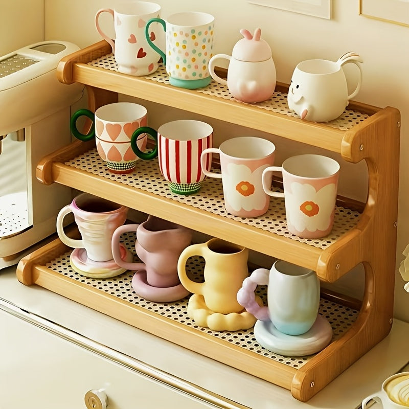 A Three-Tier Or Two-Tier Kitchen Storage Rack, a Rack for Dishes And Cups, Designed with a Hollow Board for Drainage, a Coffee Bar Shelf, a Countertop Cabinet for Cups.