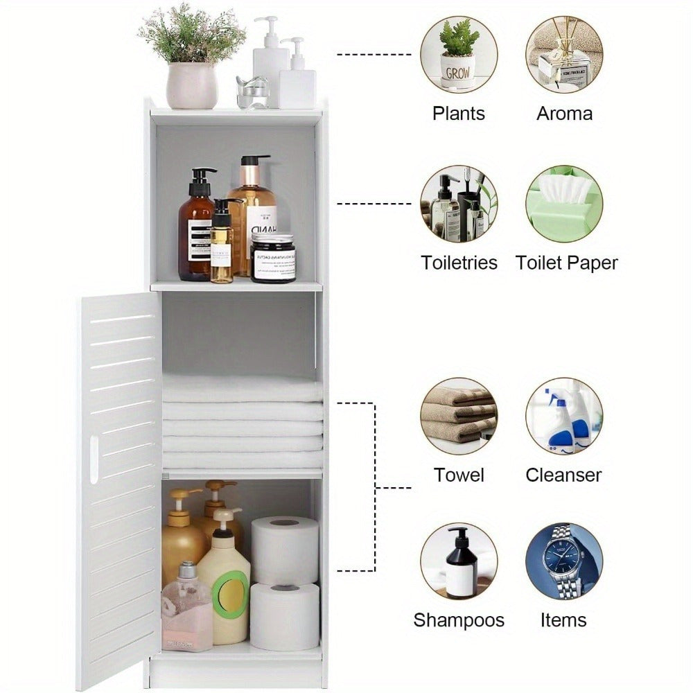 Bathroom Storage Cabinet | White Wood-Plastic Freestanding Organizer | 3-Tier with Slatted Doors & Open Shelf | Space-Saving Design for Bathroom, Kitchen, Bedroom | Modern Minimalist Style, Woodplastic Material, B