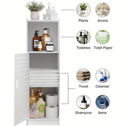 Bathroom Storage Cabinet | White Wood-Plastic Freestanding Organizer | 3-Tier with Slatted Doors & Open Shelf | Space-Saving Design for Bathroom, Kitchen, Bedroom | Modern Minimalist Style, Woodplastic Material, B