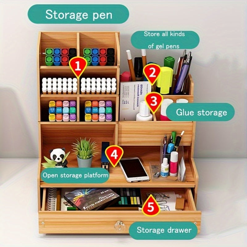 Single Piece Desktop Storage Shelf, Organizer for Desk And Drawers, Made of Bamboo Wood, Featuring a Drawer - Versatile Pen Holder, to Assemble, Perfect for Home Office And Art Supply Organization, Desk & Drawer Organizer for