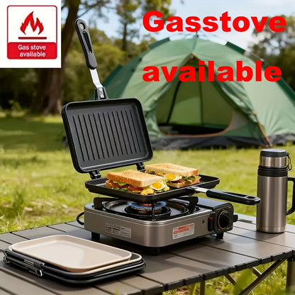 1pc Non-stick Double-sided Frying Pan - Sandwich with Handle - Removable Aluminum Alloy Griddle - Double-sided Frying Pan - Steak Bread Toast Egg Mold - Flip Cover Pot - Suitable for Indoor and Outdoor - Home Kitchen Multifun