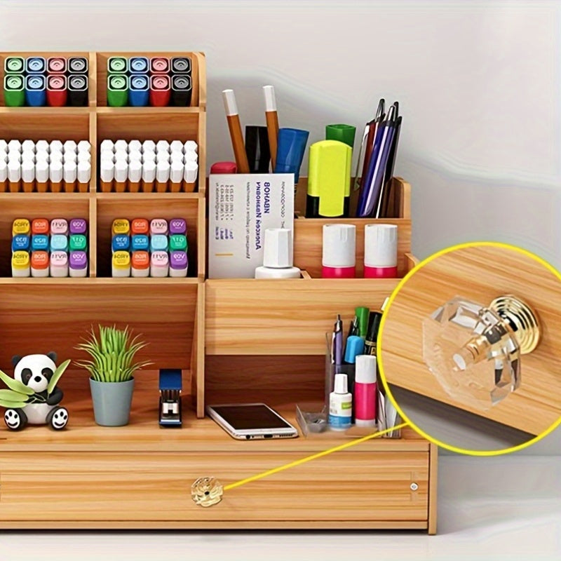 Single Piece Desktop Storage Shelf, Organizer for Desk And Drawers, Made of Bamboo Wood, Featuring a Drawer - Versatile Pen Holder, to Assemble, Perfect for Home Office And Art Supply Organization, Desk & Drawer Organizer for