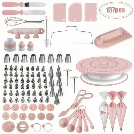 137pcs Cake Decorating Kit with Turntable - Stainless Steel Piping Tips, Cupcake & Baking Tools for Creative Desserts