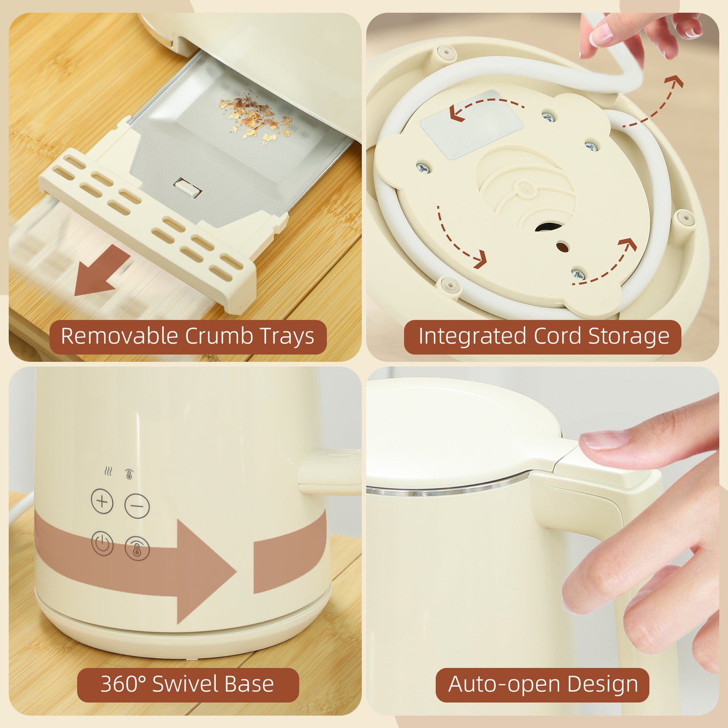 Digital Kettle and Toaster Set, 1.5L 3000W Fast Boil Kettle, 2 Slice Toaster Kitchen Set with 7 Level Browning Controls, Defrost, Reheat, Keep Warm, Crumb Tray and LED Touch Display, Beige