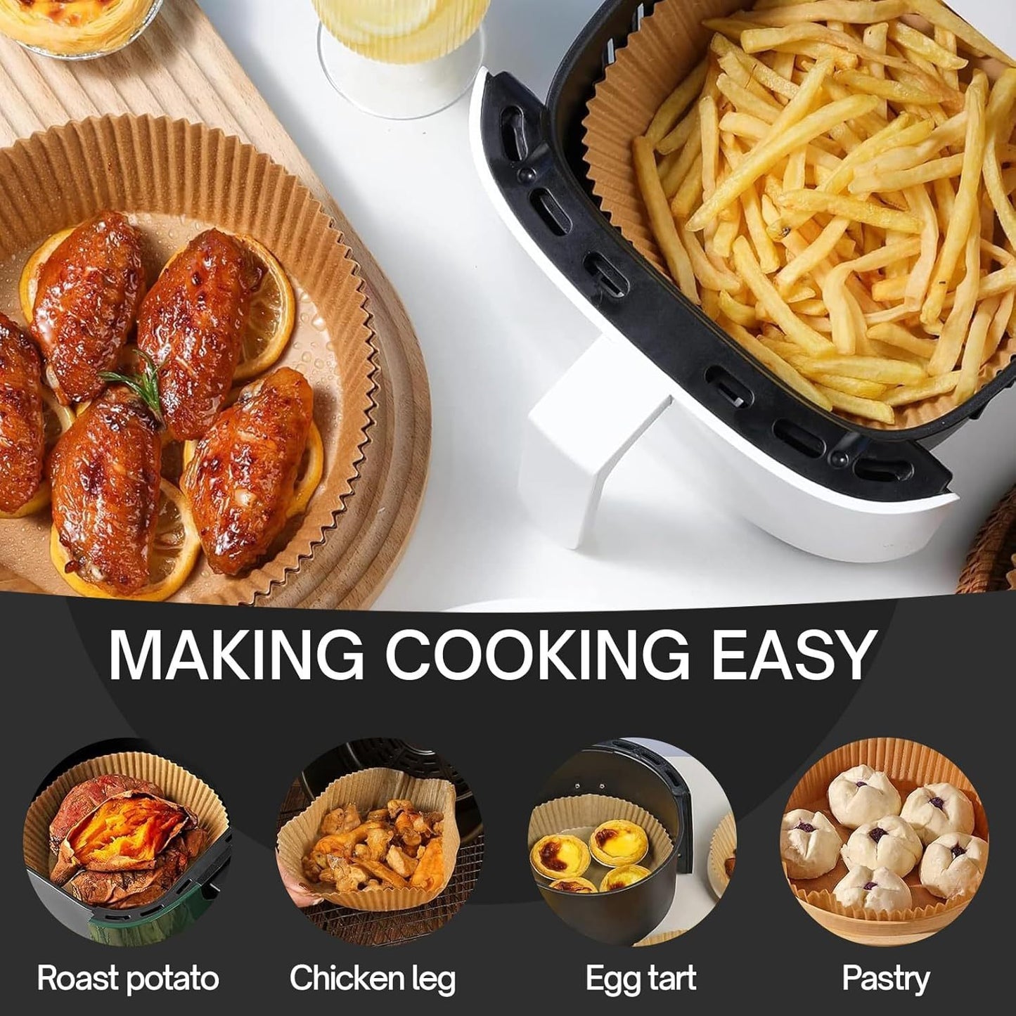 50-Piece 16cm Air Fryer Baking Paper Set – High-Temperature Resistant Disposable Round Liners for Air Fryers – Non-Stick, Easy-to-Clean, and Practical Kitchen Solution – Perfect for Baking, Frying, and Reheating – Pre