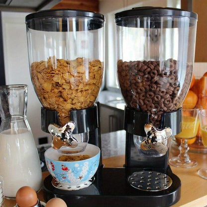 4L Large Capacity Double Cereal Dispenser - Airtight Dry Food Storage Canister for Breakfast Cereal/Snacks/Candy, Space-Saving Kitchen Organizer (29×16×35cm, Black)
