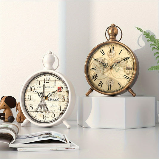 Vintage Parisian Metal Desk Clock with Eiffel Tower & Roman Numerals Design, Silent Non-Ticking Quartz Movement, Decorative Desk Clock for Home or Office