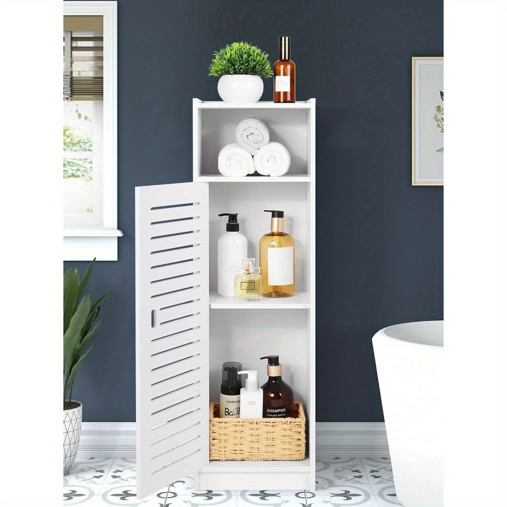 Bathroom Storage Cabinet | White Wood-Plastic Freestanding Organizer | 3-Tier with Slatted Doors & Open Shelf | Space-Saving Design for Bathroom, Kitchen, Bedroom | Modern Minimalist Style, Woodplastic Material, B
