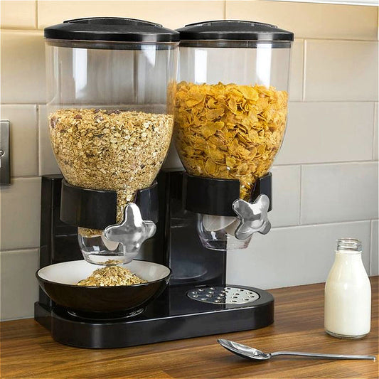4L Large Capacity Double Cereal Dispenser - Airtight Dry Food Storage Canister for Breakfast Cereal/Snacks/Candy, Space-Saving Kitchen Organizer (29×16×35cm, Black)