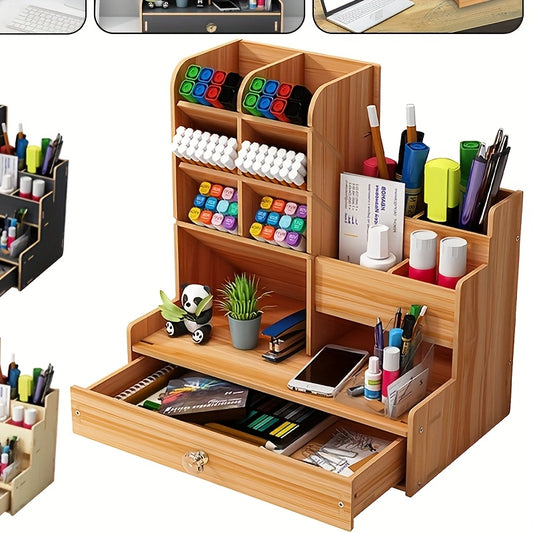 Single Piece Desktop Storage Shelf, Organizer for Desk And Drawers, Made of Bamboo Wood, Featuring a Drawer - Versatile Pen Holder, to Assemble, Perfect for Home Office And Art Supply Organization, Desk & Drawer Organizer for