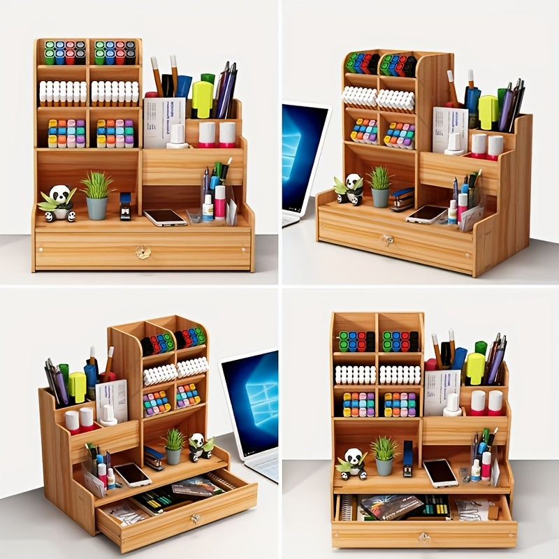Single Piece Desktop Storage Shelf, Organizer for Desk And Drawers, Made of Bamboo Wood, Featuring a Drawer - Versatile Pen Holder, to Assemble, Perfect for Home Office And Art Supply Organization, Desk & Drawer Organizer for
