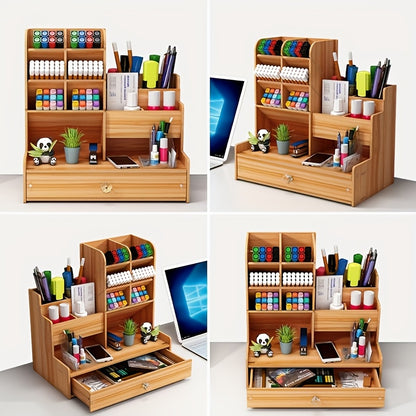 Single Piece Desktop Storage Shelf, Organizer for Desk And Drawers, Made of Bamboo Wood, Featuring a Drawer - Versatile Pen Holder, to Assemble, Perfect for Home Office And Art Supply Organization, Desk & Drawer Organizer for