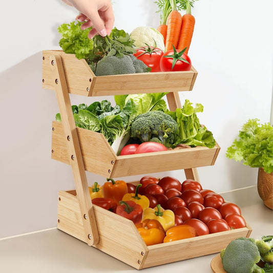 3-Tier Bamboo Fruit and Vegetable Storage Organizer, Countertop Basket Stand for Kitchen, Decorative Bread Rack Holder, Home Organization for Fresh Produce