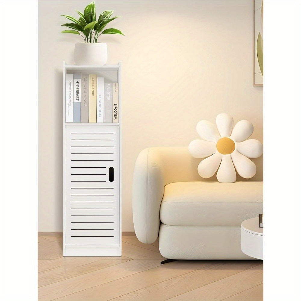 Bathroom Storage Cabinet | White Wood-Plastic Freestanding Organizer | 3-Tier with Slatted Doors & Open Shelf | Space-Saving Design for Bathroom, Kitchen, Bedroom | Modern Minimalist Style, Woodplastic Material, B
