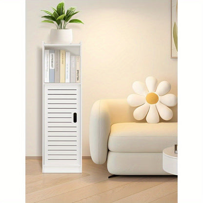 Bathroom Storage Cabinet | White Wood-Plastic Freestanding Organizer | 3-Tier with Slatted Doors & Open Shelf | Space-Saving Design for Bathroom, Kitchen, Bedroom | Modern Minimalist Style, Woodplastic Material, B