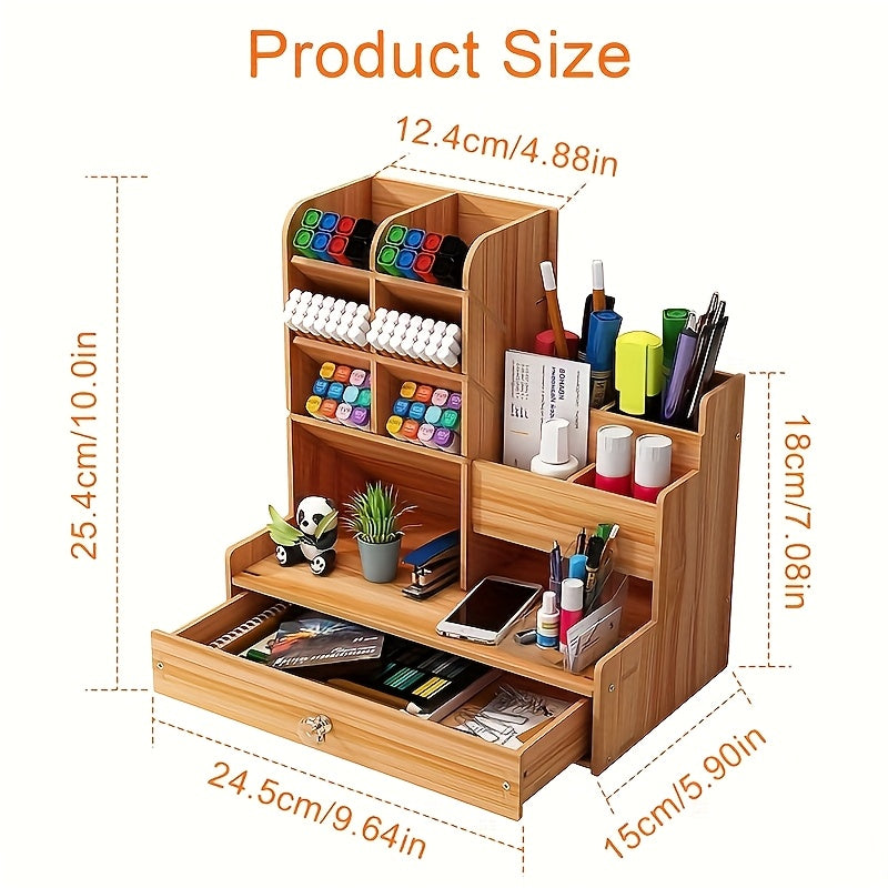 Single Piece Desktop Storage Shelf, Organizer for Desk And Drawers, Made of Bamboo Wood, Featuring a Drawer - Versatile Pen Holder, to Assemble, Perfect for Home Office And Art Supply Organization, Desk & Drawer Organizer for