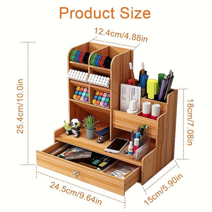 Single Piece Desktop Storage Shelf, Organizer for Desk And Drawers, Made of Bamboo Wood, Featuring a Drawer - Versatile Pen Holder, to Assemble, Perfect for Home Office And Art Supply Organization, Desk & Drawer Organizer for