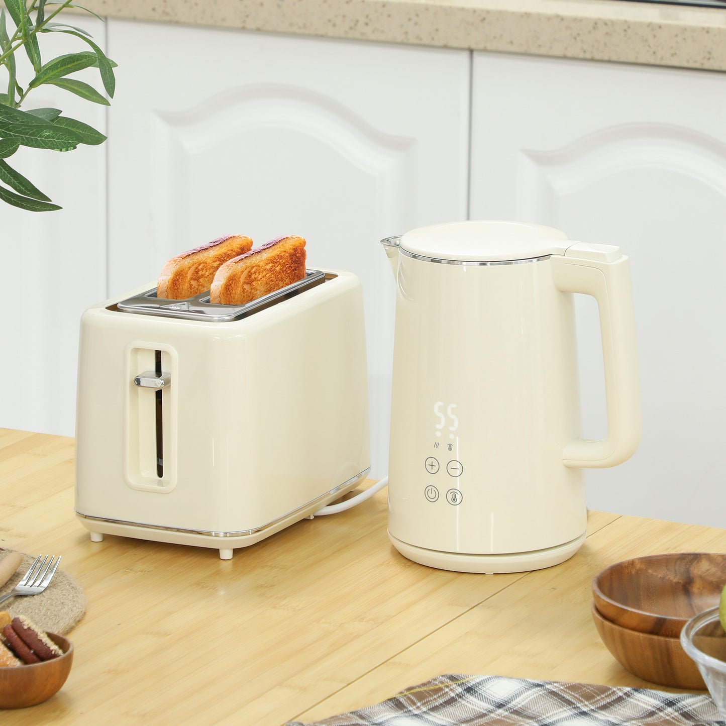 Digital Kettle and Toaster Set, 1.5L 3000W Fast Boil Kettle, 2 Slice Toaster Kitchen Set with 7 Level Browning Controls, Defrost, Reheat, Keep Warm, Crumb Tray and LED Touch Display, Beige