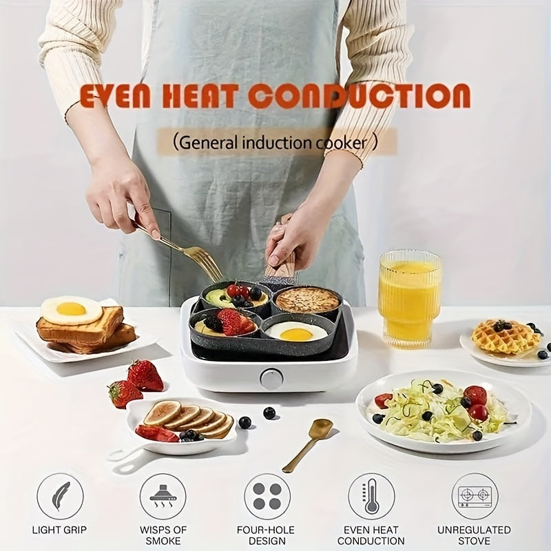 Frying Pan Four Holes And a Non-Stick Surface, Ideal for Cooking Eggs, Pancakes, Steaks, And Hamburgers. It'S Perfect for Breakfast And More, Designed for Hand Washing Only, And Is Compatible with Induction Cooktops. A Modern